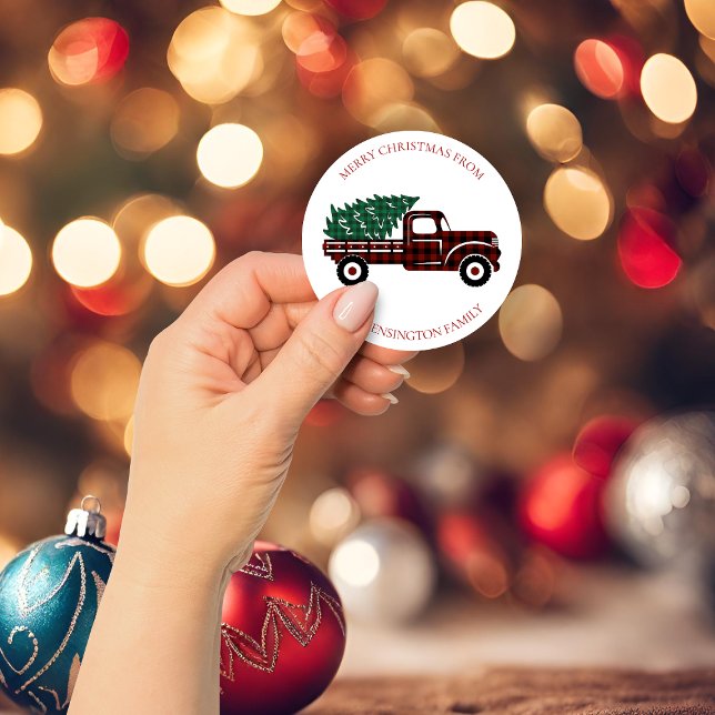 Sticker Rond Sceau de l'enveloppe de l'Arbre vert de Noël du Ca (Christmas Red Truck Green Plaid Tree Envelope Seal)