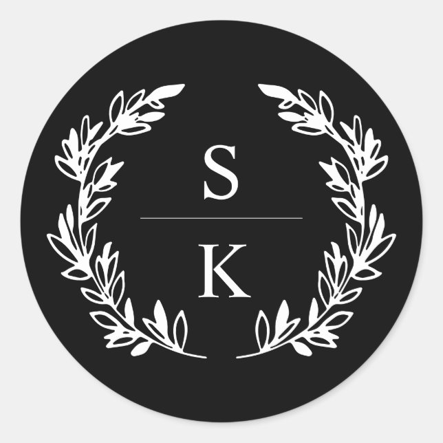 Sticker Rond Sceau de mariage à monogramme de couronne de lauri (Devant)