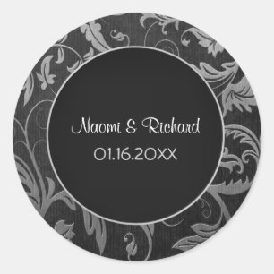 Sticker Rond Sceau de Mariage damassé noir et argent - Personna