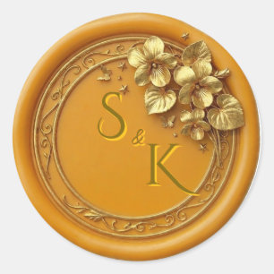 Sticker Rond Sceau de mariage floral à monogramme doré