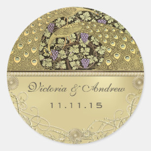 Sticker Rond Sceau de mariage oiseaux paon Art Nouveau arche