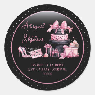 Sticker Rond Sceau de mode rose noir glamour d'adresse de retou