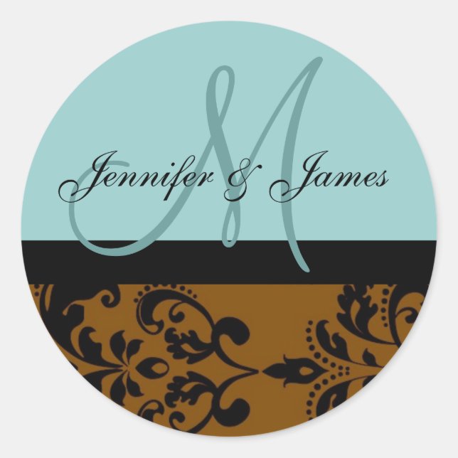 Sticker Rond Sceau de monogramme bleu Mariage damassé Brown (Devant)