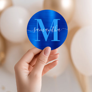 Sticker Rond Sceau de Monogramme Royal Bleu Feuille
