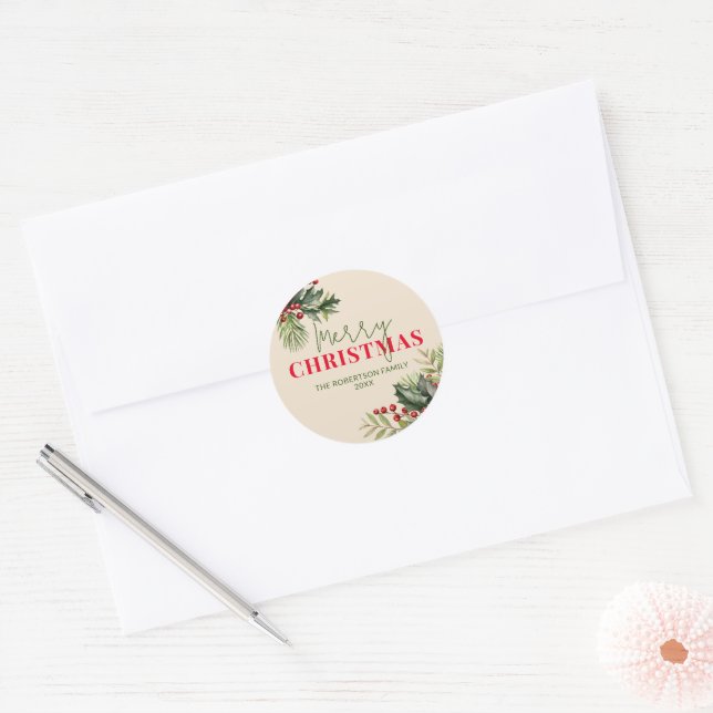 Sticker Rond Sceau de Noël Houx et Pin sur fond beige (Enveloppe)