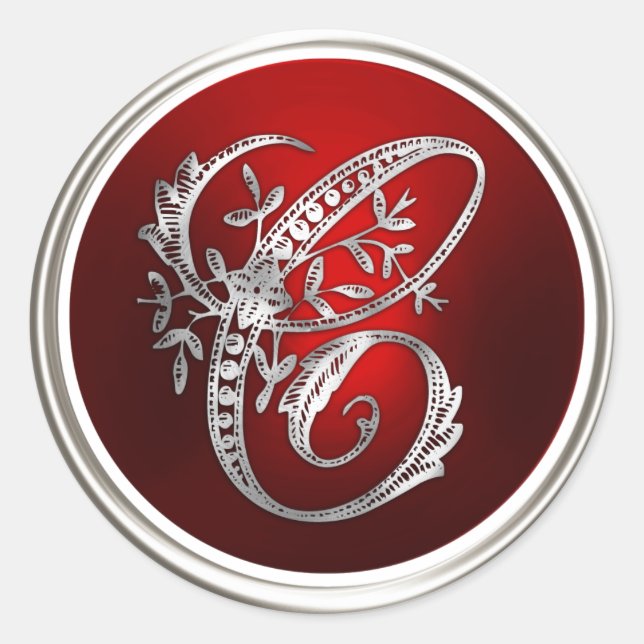 Sticker Rond Sceau d'enveloppe C argent et monogramme rouge (Devant)