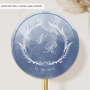 Sticker Rond Sceau d'enveloppe d'aquarelle bleu marine Monogram