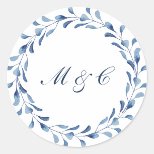Sticker Rond Sceau d'enveloppe de mariage à l'aquarelle bleue /