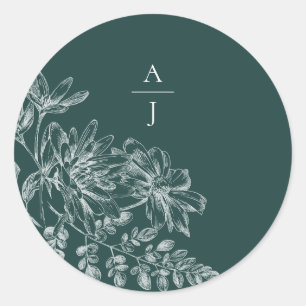 Sticker Rond Sceau d'enveloppe de mariage vert émeraude monogra