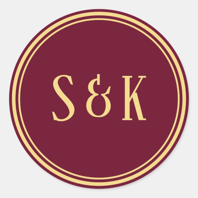 Sticker Rond Sceau d'enveloppe de monogramme bordeaux or (Devant)