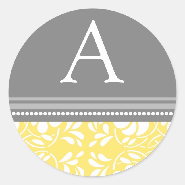 Sticker Rond Sceau d'enveloppe de monogramme citron gris Damas (Devant)