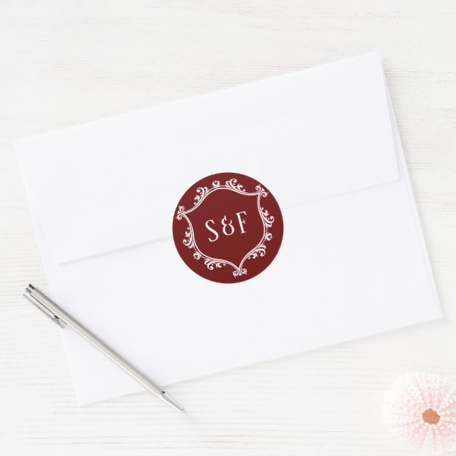 Sticker Rond Sceau d'enveloppe de monogramme de crête rouge et  (Enveloppe)