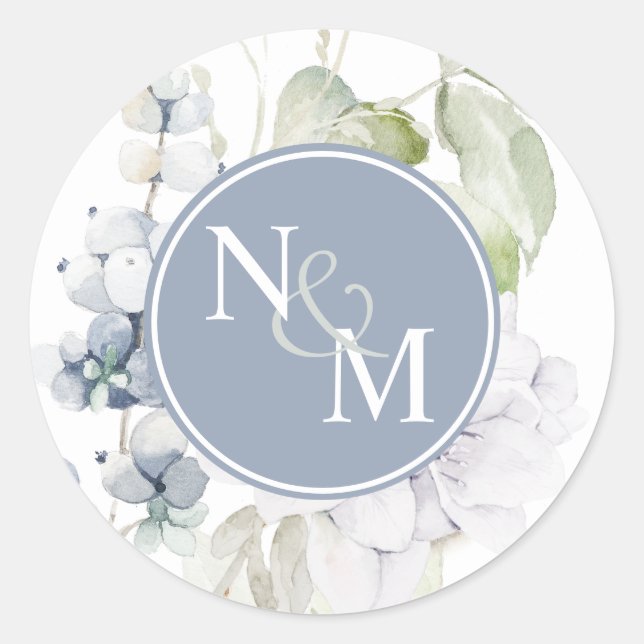 Sticker Rond Sceau d'enveloppe de monogramme floral bleu et bla (Devant)