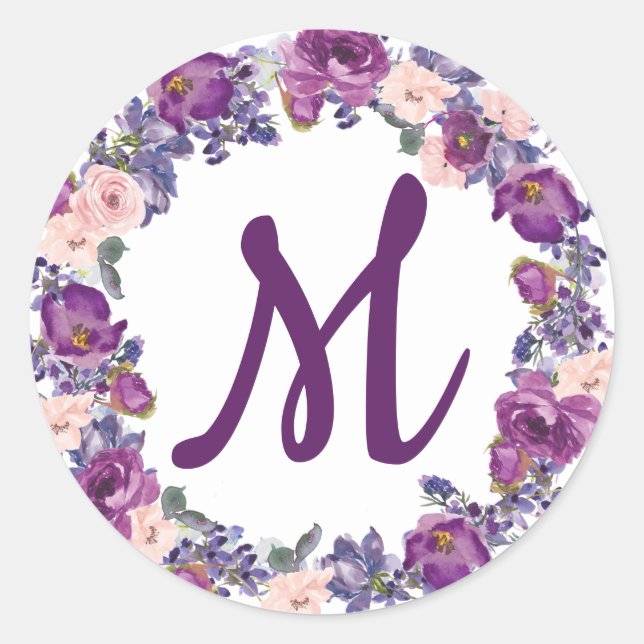 Sticker Rond Sceau d'enveloppe de monogramme prune violet et ro (Devant)