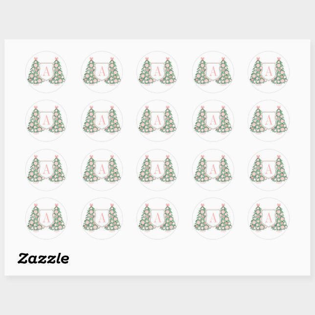 Sticker Rond Sceau d'enveloppe de Noël à monogramme vert rose (Feuille)