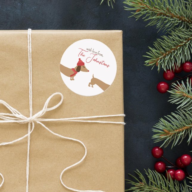 Sticker Rond Sceau d'enveloppe de Noël personnalisée Dachshund (Personalized dachshund Christmas gift giving label)