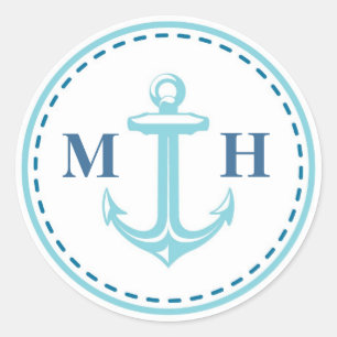 Sticker Rond Sceau d'enveloppe de thème nautique Monogramme tur