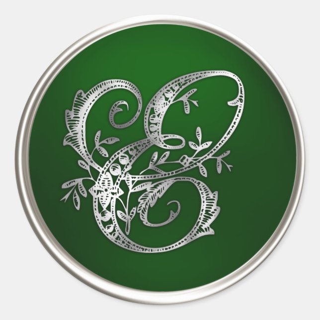 Sticker Rond Sceau d'enveloppe E Monogramme en argent et émerau (Devant)