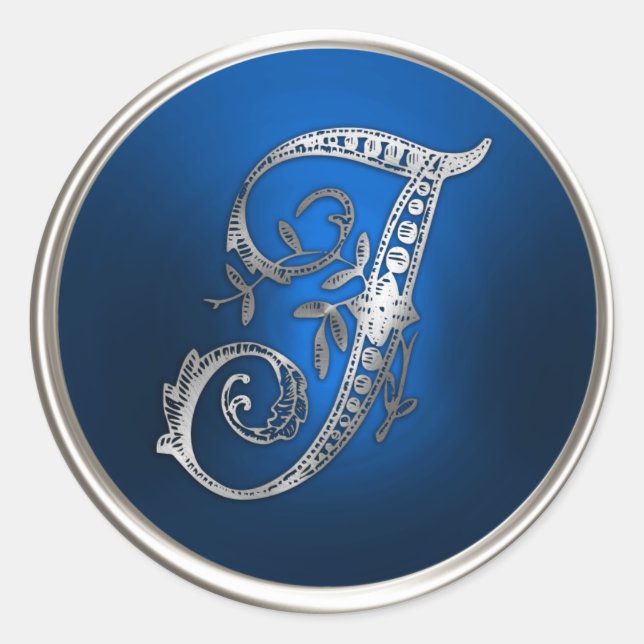 Sticker Rond Sceau d'enveloppe en argent et en bleu Monogramme  (Devant)