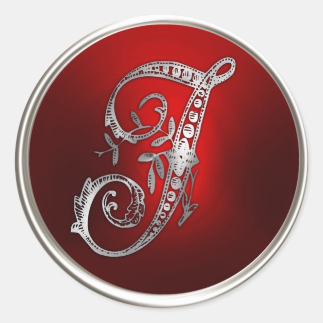 Sticker Rond Sceau d'enveloppe en argent et en monogramme rouge (Devant)