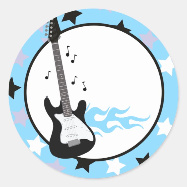 Sticker Rond Sceau d'enveloppe en GUITARE BLEUE ROCK STAR (Devant)