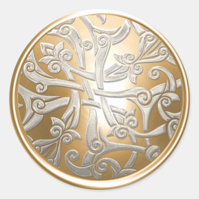 Sticker Rond Sceau d'enveloppe en or et argent en damas celtiqu (Devant)