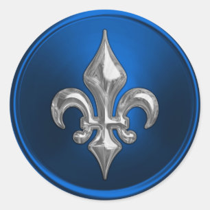 Sticker Rond Sceau d'enveloppe Fleur de Lis bleu et argent