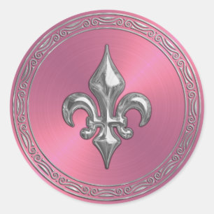 Sticker Rond Sceau d'enveloppe Fleur de Lis en lin rose et arge