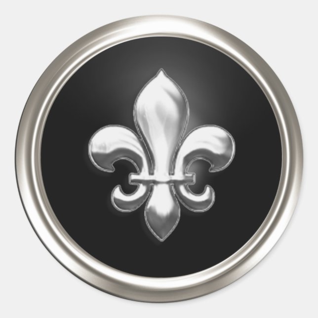 Sticker Rond Sceau d'enveloppe Fleur de Lis noir et argent (Devant)