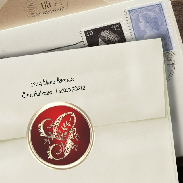 Sticker Rond Sceau d'enveloppe G de monogramme or et rouge (Créateur téléchargé)