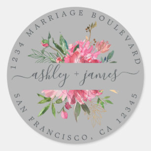 Sticker Rond Sceau d'enveloppe grise rose Floral Adresse de ret