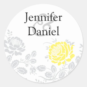 Sticker Rond Sceau d'enveloppe jaune et gris Damas