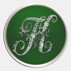 Sticker Rond Sceau d'enveloppe K Monogramme en argent et émerau