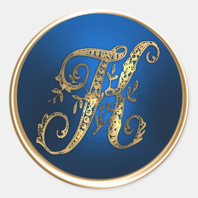 Sticker Rond Sceau d'enveloppe K Monogramme or et bleu (Devant)