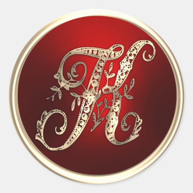 Sticker Rond Sceau d'enveloppe K Monogramme or et rouge (Devant)