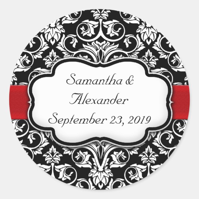 Sticker Rond Sceau d'enveloppe Mariage damassé noir/rouge (Devant)