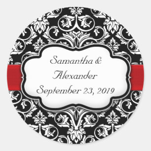 Sticker Rond Sceau d'enveloppe Mariage damassé noir/rouge