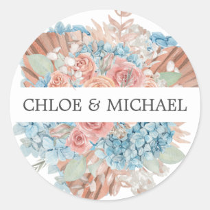Sticker Rond Sceau d'enveloppe Mariage Dusty Rose Blue Hydrange