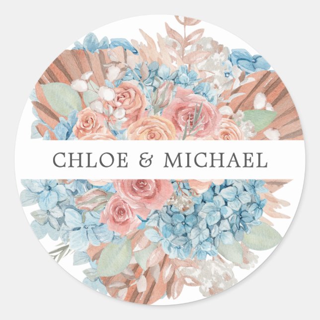 Sticker Rond Sceau d'enveloppe Mariage Dusty Rose Blue Hydrange (Devant)