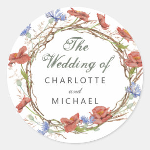 Sticker Rond Sceau d'enveloppe Mariage fleur sauvage aquarelle