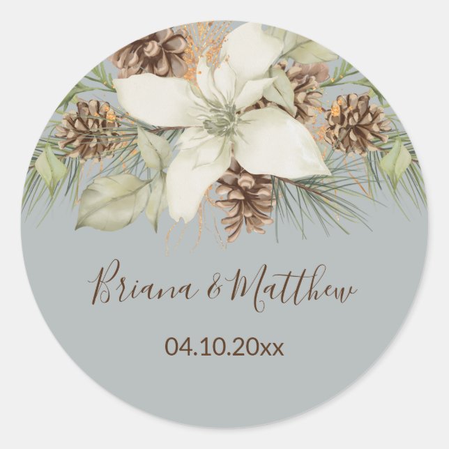 Sticker Rond Sceau d'enveloppe Mariage Hiver Gris élégant (Devant)