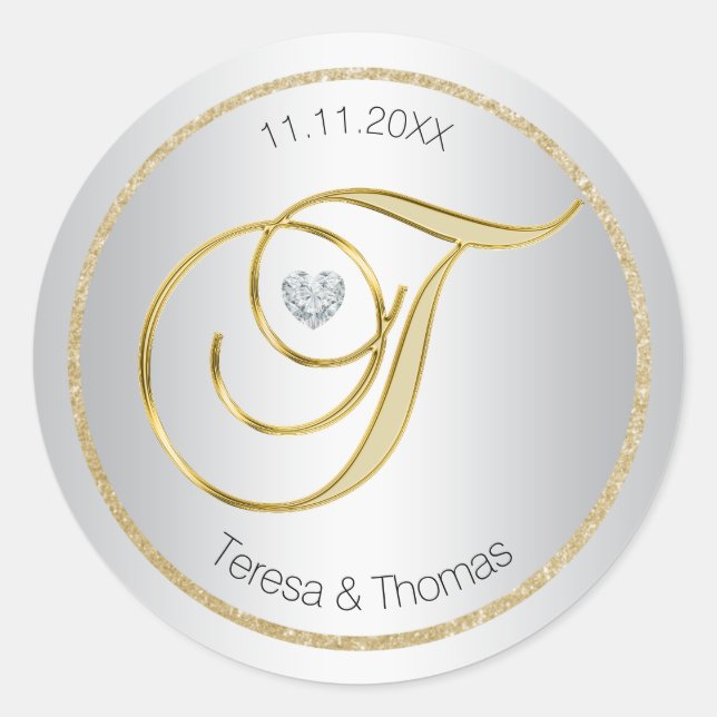 Sticker Rond Sceau d'enveloppe Mariage Monogramme or Parties sc (Devant)