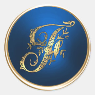 Sticker Rond Sceau d'enveloppe Monogramme F or et bleu