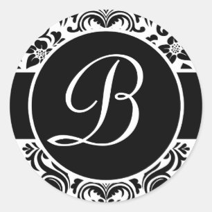 Sticker Rond Sceau d'enveloppe monogramme noir et blanc Damas