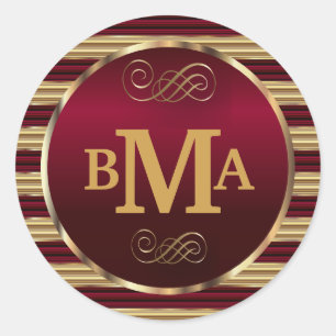 Sticker Rond Sceau d'enveloppe Monogramme rouge foncé et or