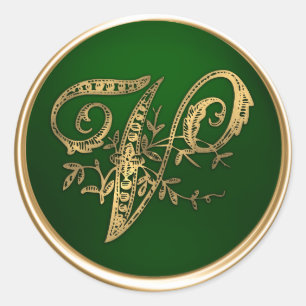 Sticker Rond Sceau d'enveloppe Monogramme V or et émeraude