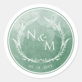 Sticker Rond Sceau d'enveloppe monogramme vert d'aquarelle /Fav