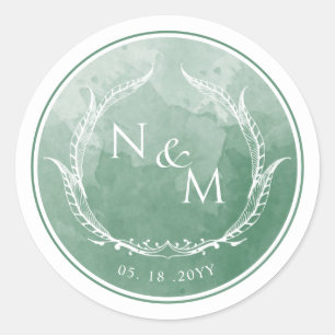 Sticker Rond Sceau d'enveloppe monogramme vert d'aquarelle /Fav