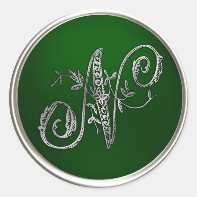 Sticker Rond Sceau d'enveloppe N Monogramme en argent et émerau (Devant)