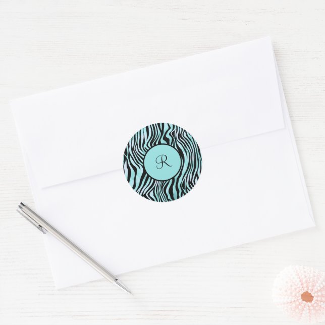 Sticker Rond Sceau d'enveloppe noir turquoise monogramme Zebra (Enveloppe)
